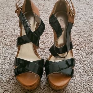 Black and Tan Strappy Wedge Sandals